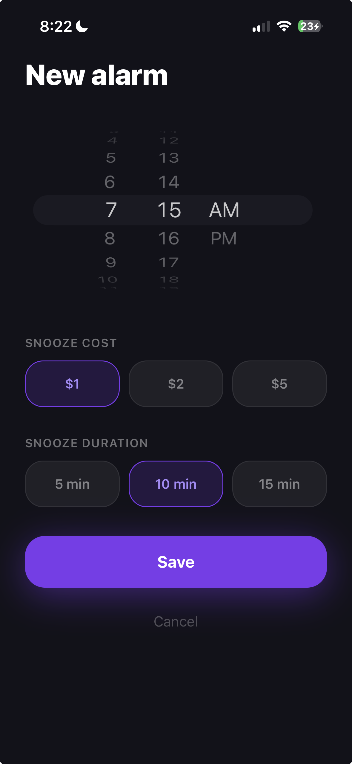 SnoozePay — alarm creation screen
